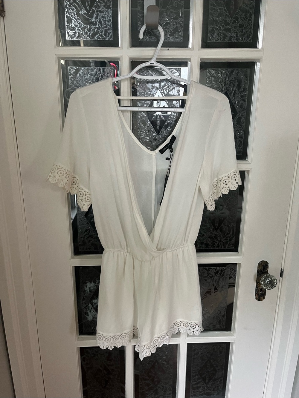 Cream Short Sleeve Lace-Trim V-Neck Romper | Bridal Fashion | XS